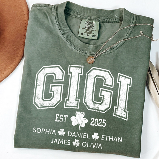 Comfort Colors St Patrick’s Day Gigi Shirt Est 2025, Custom Grandma T Shirt with Kids Names Shamrock Design
