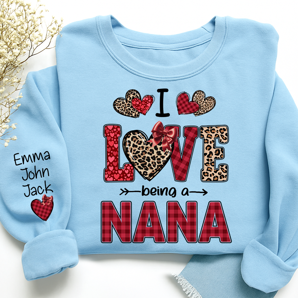 I Love Being a Nana Sweatshirt, Leopard and Plaid Heart Valentine Family Crewneck
