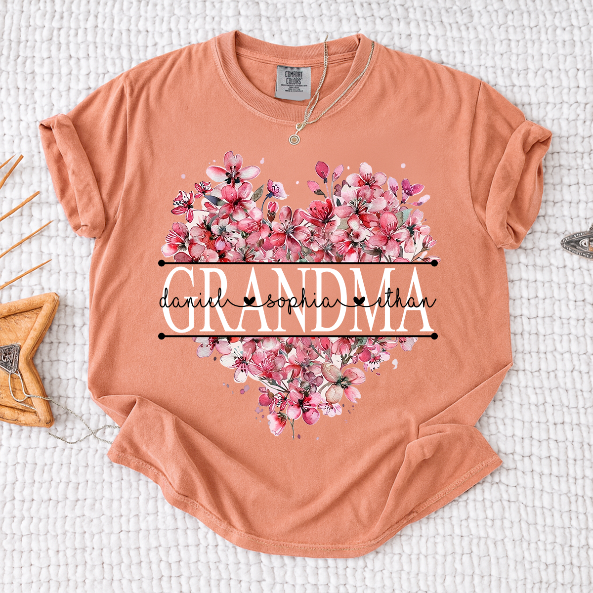 Comfort Colors Floral Heart Grandma Shirt, Custom Family Names and Heart Floral Design T Shirt