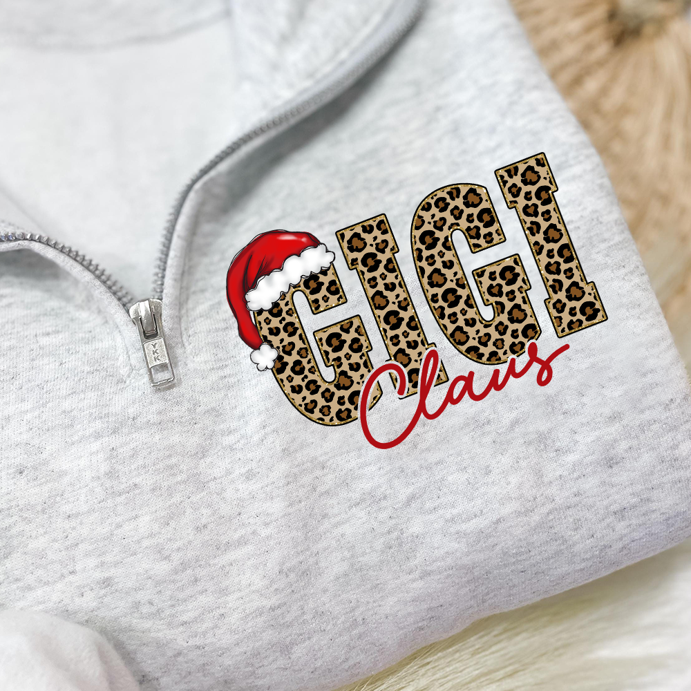 Gigi Claus Leopard Christmas Quarter Zip – Custom Name Sweatshirt Gift For Grandma