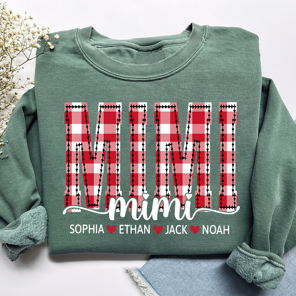Custom Mimi Sweatshirt, Plaid Christmas Grandma Shirt with Kids Names