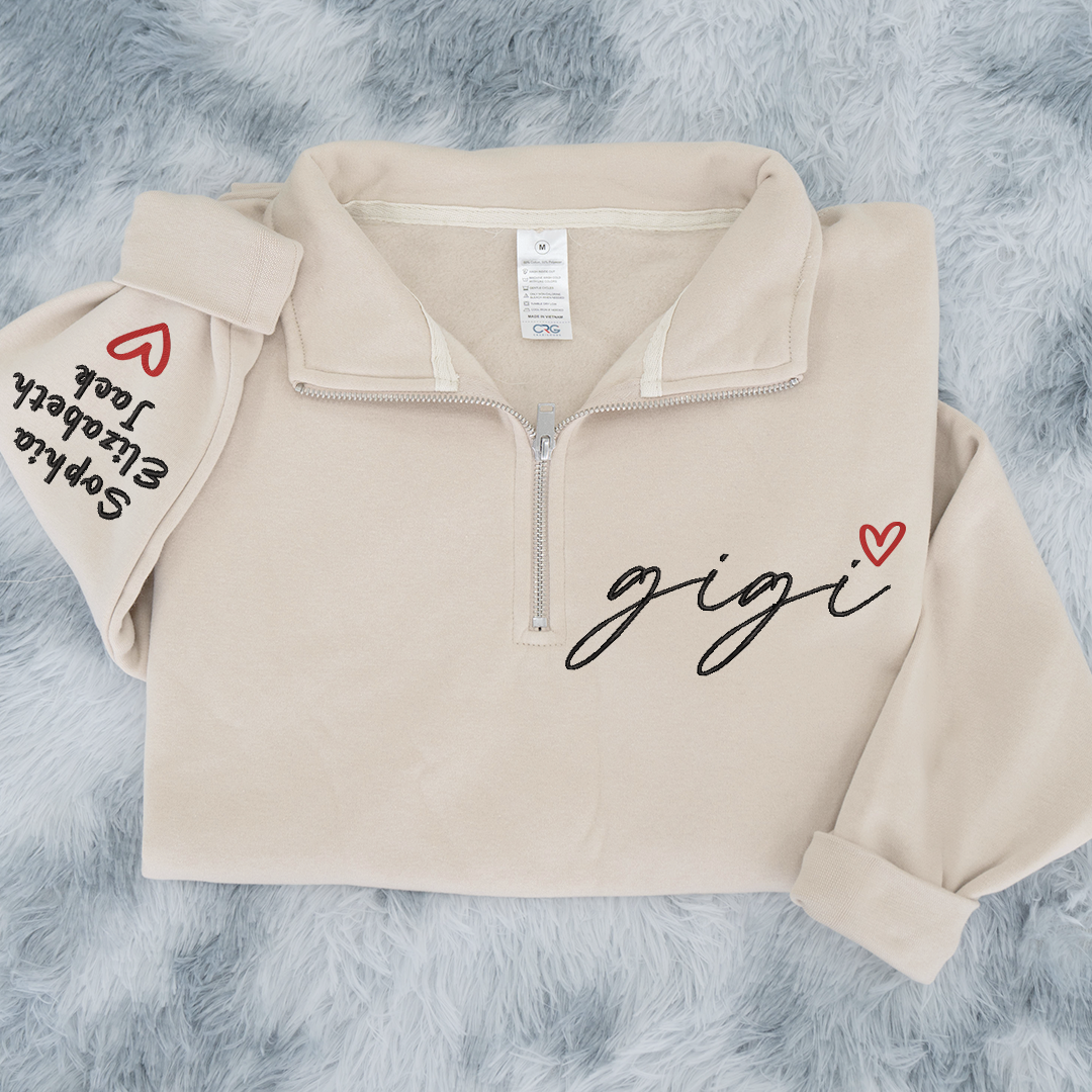 Personalized Hand Embroidered Gigi Est Sweater, Gift for Grandma and Kids Quarter Zip Sweater