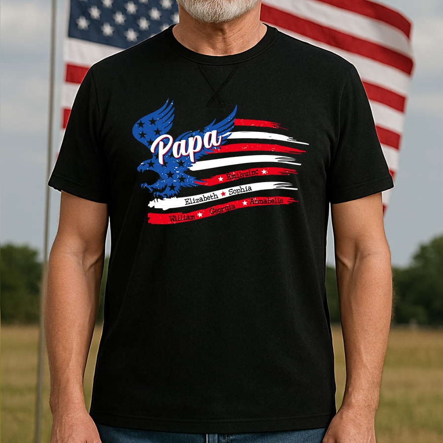 Papa With Grandkids Names 4th Of July Classic X-Stitch Tee