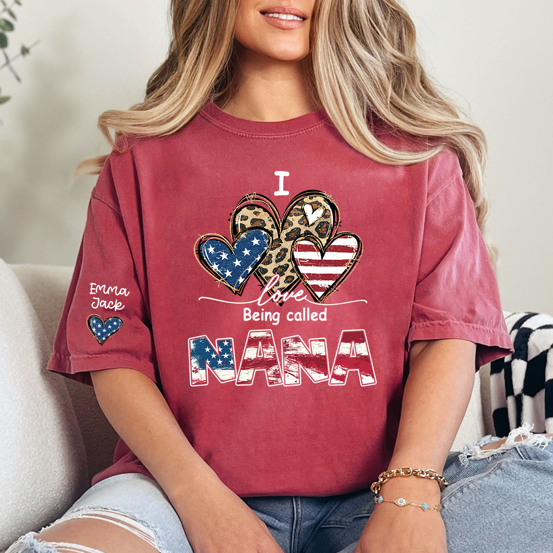 Custom I Love Being Called Nana Flag Heart T-shirt, Grandma Shirt with Kids, Mother's Day Gift for Grandma