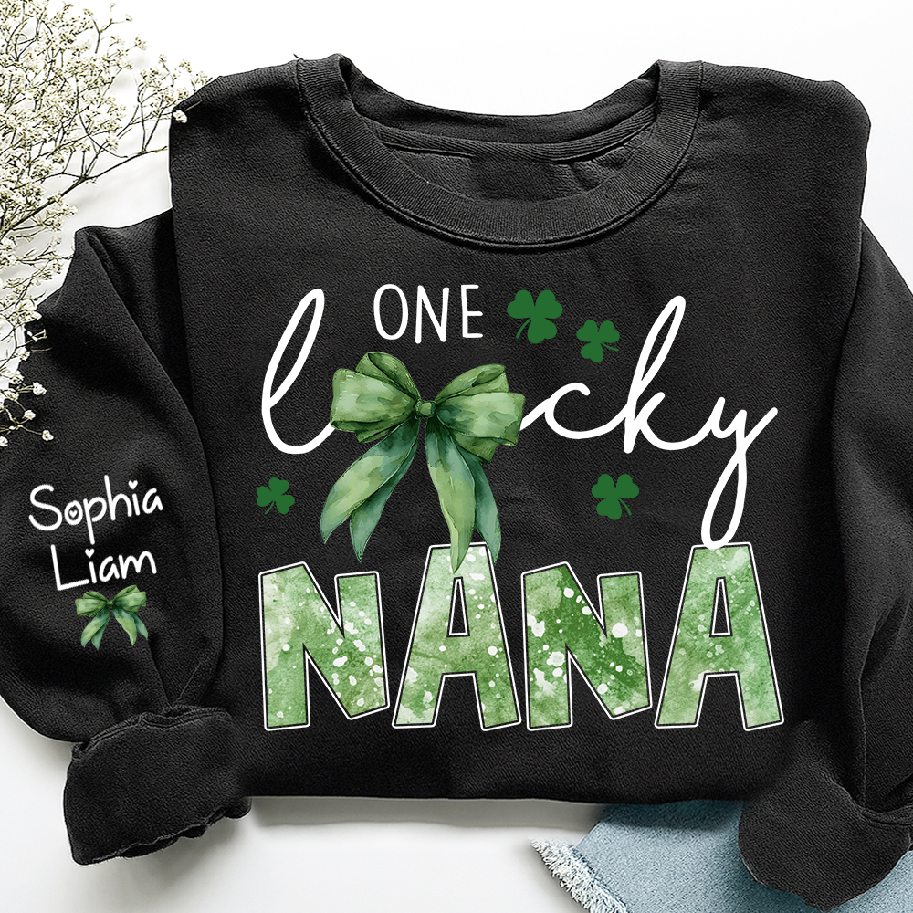 One Lucky Nana Sweatshirt for St Patrick’s Day, Personalized Grandma Shamrock Clover Sweatshirt with Kids Names