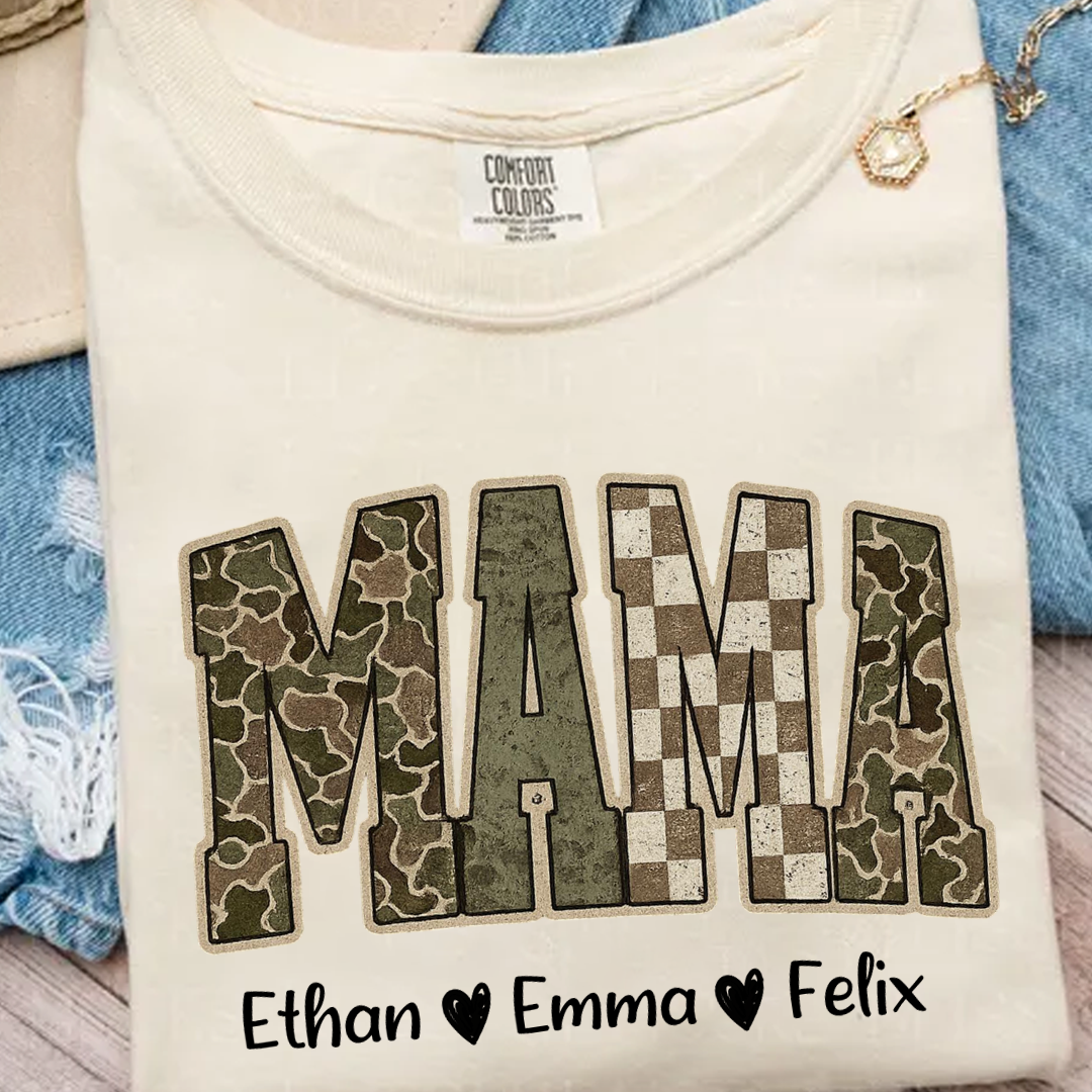 Personalized Camo Mama Shirt - Hunting Style Tee with Custom Kids Names