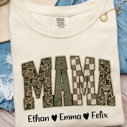 Personalized Camo Mama Shirt - Hunting Style Tee with Custom Kids Names