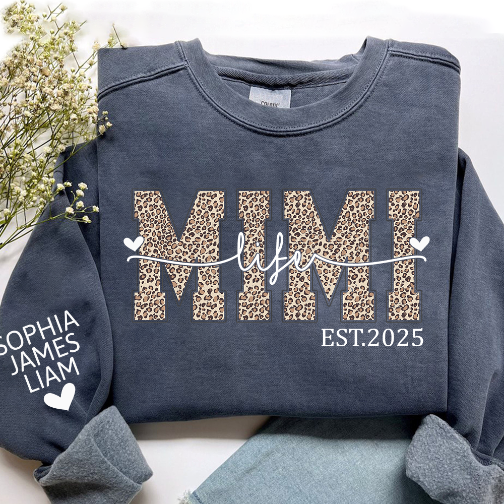 Mimi Life Leopard Sweatshirt, Personalized Grandma Est With Grandchildren Names