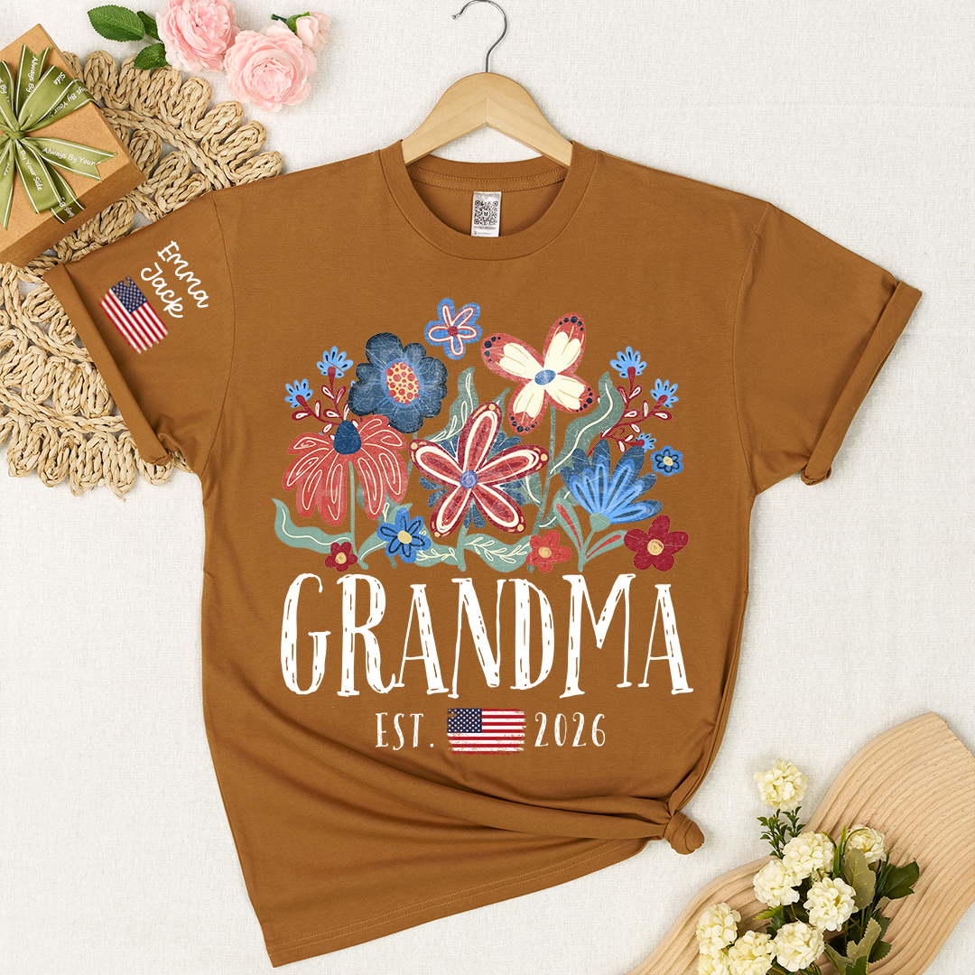 Personalized Flag America Grandma Floral Shirt with Custom Grandkids Names, Colorful Flower Design