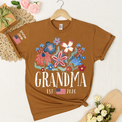 Personalized Flag America Grandma Floral Shirt with Custom Grandkids Names, Colorful Flower Design