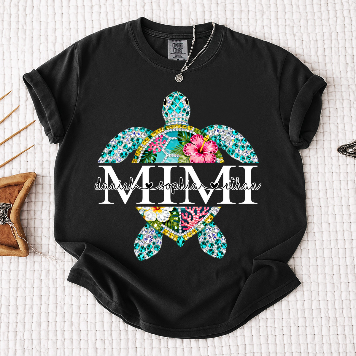Comfort Colors Custom Mimi Turtle Monogram Shirt – Personalized Family Name Turtle Graphic Tee, Ocean Lover Gift for Women