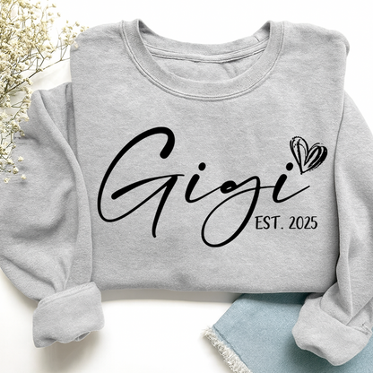 Gigi Est. 2025 Sweatshirt, Personalized Grandma Announcement Tee