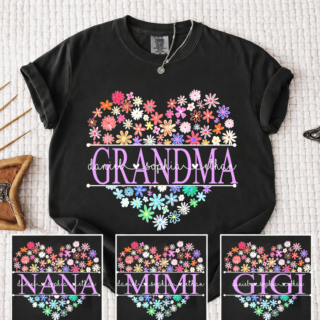Comfort Colors Personalized Nana Flower Heart Shirt, Custom Grandma Nickname Tee With Kids Names, Mimi Gigi Grandma Floral Heart Design Family Grandkids Name Shirt Mothers Day Grandma Apparel