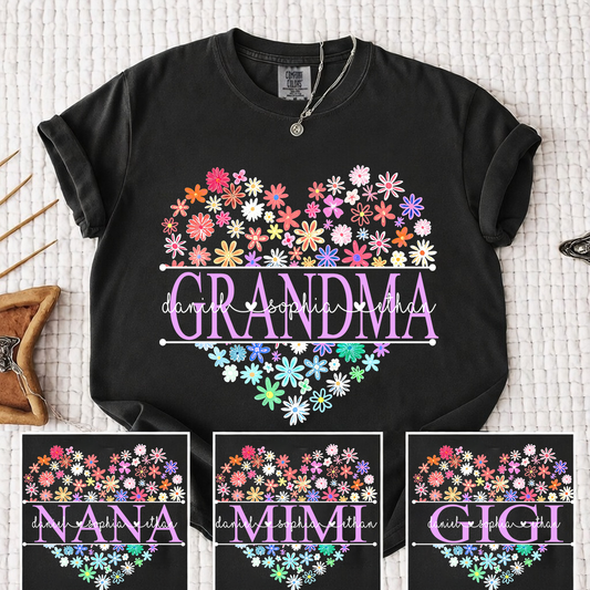 Comfort Colors Personalized Nana Flower Heart Shirt, Custom Grandma Nickname Tee With Kids Names, Mimi Gigi Grandma Floral Heart Design Family Grandkids Name Shirt Mothers Day Grandma Apparel