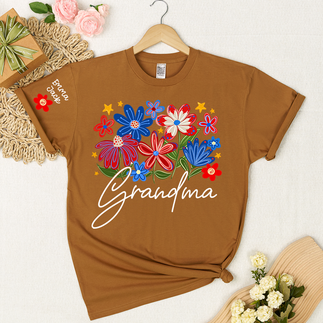 Grandma T-shirt With Heart And Flower Print, Custom Pinted Family Names