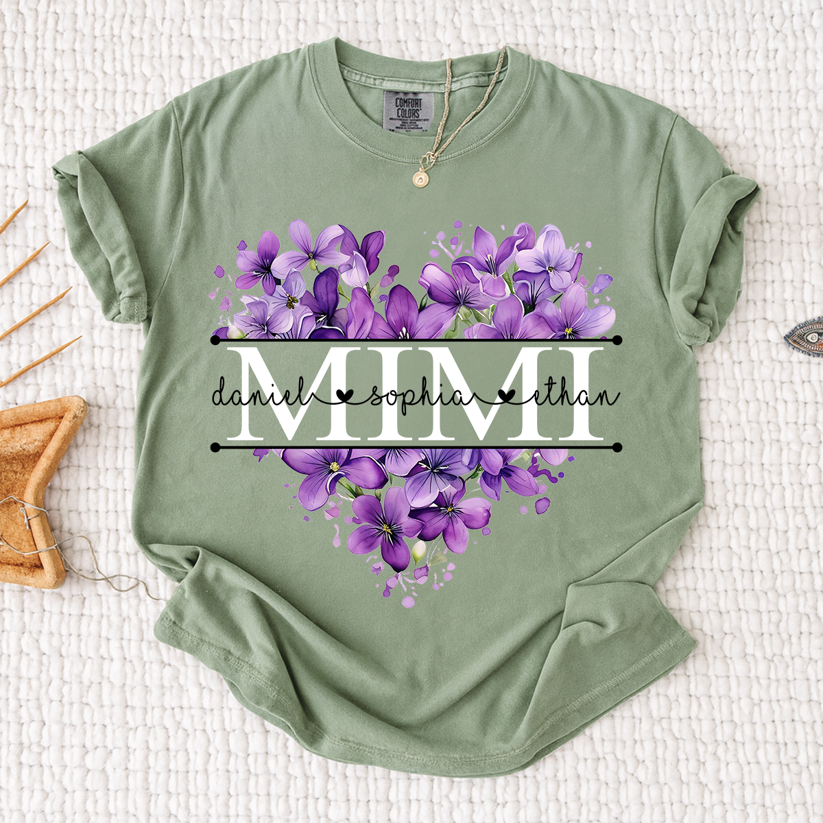 Comfort Colors Purple Floral Heart Mimi Shirt, Personalized Family Names and Violet Flower Design T Shirt
