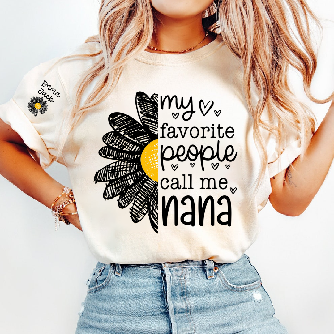 Personalized Nana Floral Shirt with Daisy and Sun Graphics, Custom Grandkids Names