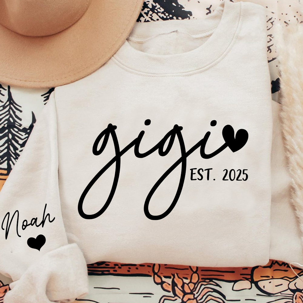 Personalized Gigi Sweatshirt, Custom Printed Name and Grandkids’ Names on Sleeve with Heart