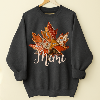 Personalized Mimi Fall Sweatshirt, Custom Grandkids Names Leaf Patchwork Sweatshirt, Autumn Grandma Gift, Cozy Thanksgiving Outfit