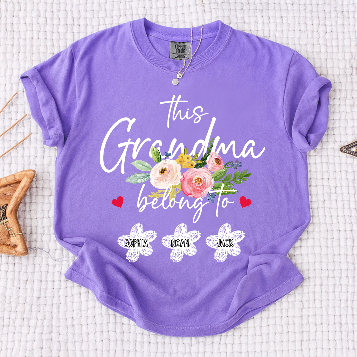 Comfort Colors Custom Grandma T-Shirt, This Grandma Belongs to Personalized with Kids Names and Flower Design