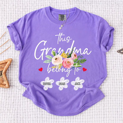 Comfort Colors Custom Grandma T-Shirt, This Grandma Belongs to Personalized with Kids Names and Flower Design