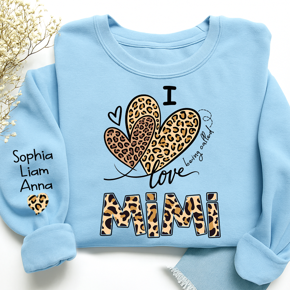 I Love Mimi Sweatshirt with Leopard Heart Design, Personalized Family Crewneck for Valentine