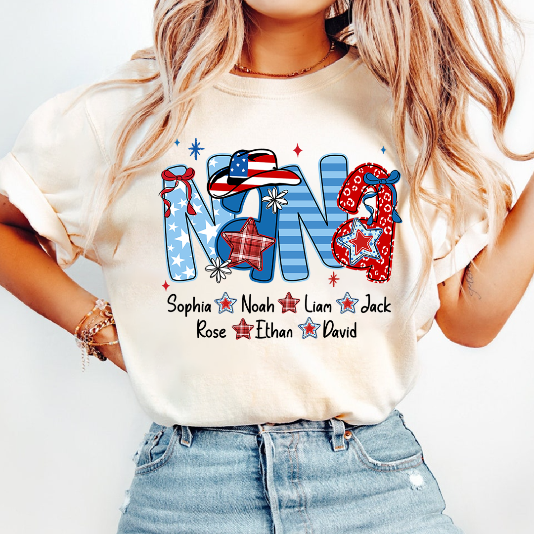 Custom Nana 4th July Independence Day American Flag T-Shirt For Grandma, Personalized Gift For Grandma And Kids