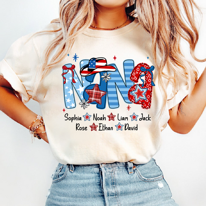Custom Nana 4th July Independence Day American Flag T-Shirt For Grandma, Personalized Gift For Grandma And Kids