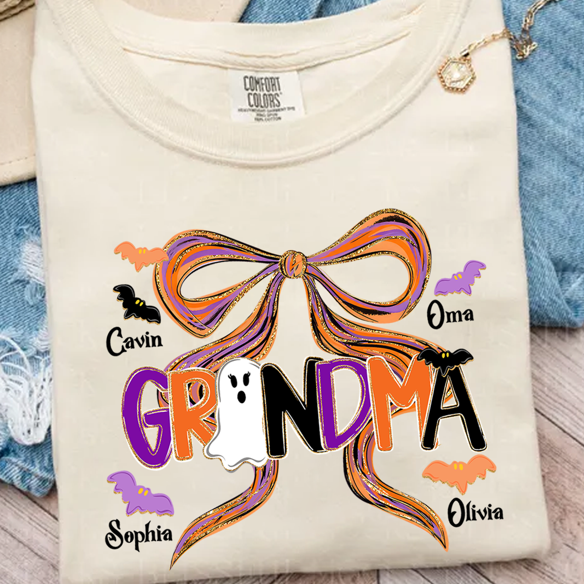 Comfort Colors® Personalized Halloween Grandma T-Shirt, Cute Ghost & Bat Design with Grandkids' Names