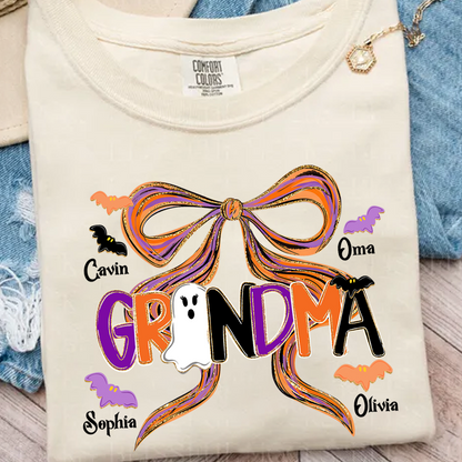 Comfort Colors® Personalized Halloween Grandma T-Shirt, Cute Ghost & Bat Design with Grandkids' Names