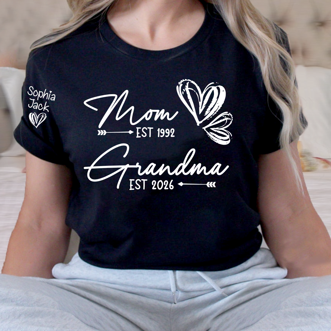 Personalized Heart T-shirt For Mom And Grandma, Founding Year With Name, Family Gift