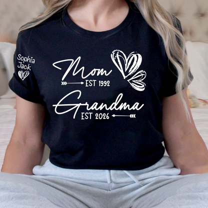 Personalized Heart T-shirt For Mom And Grandma, Founding Year With Name, Family Gift
