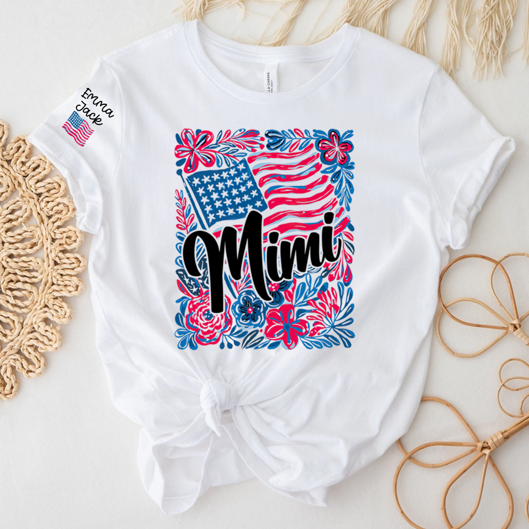 Mimi American Flag Floral Shirt, Custom Grandkids Names Family T Shirt