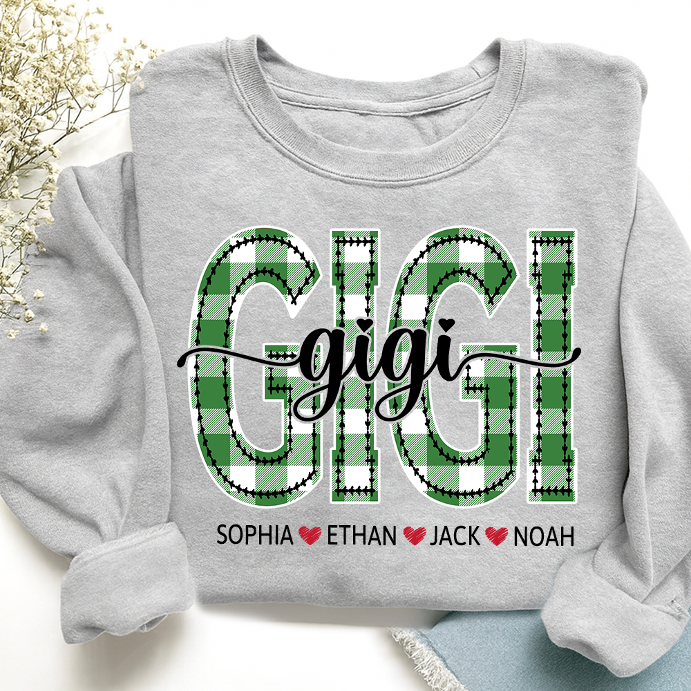 Personalized Gigi Sweatshirt, Custom Green Plaid Letters Shirt with Grandkids Names