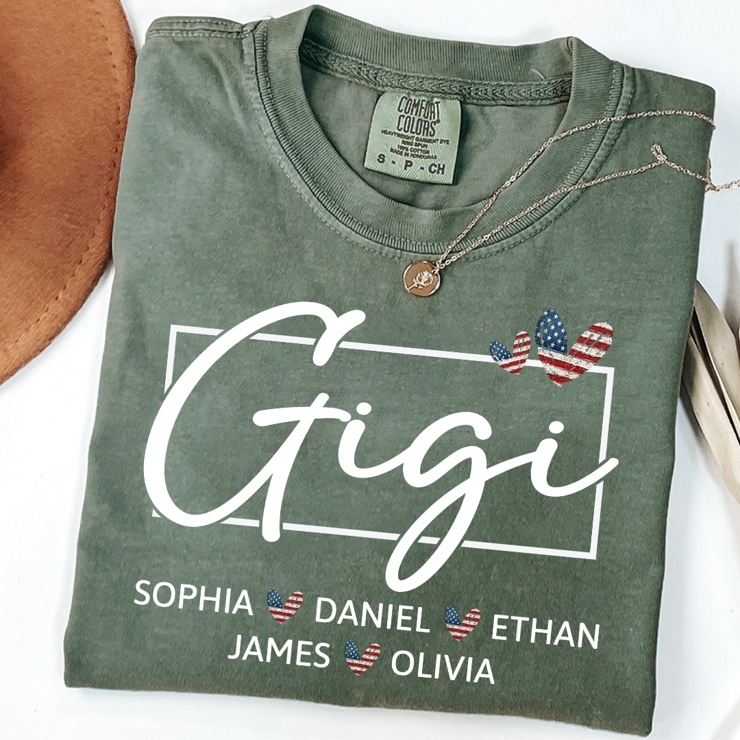 Comfort Colors Personalized Gigi Shirt with Children Names USA Flag Heart Graphic Custom Grandma Tee Stylish Script Design Family Gift Shirt