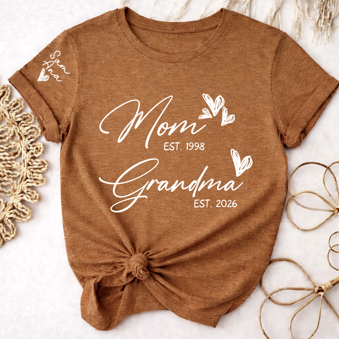 Personalized Mom and Grandma T-Shirt, Custom EST Year T-Shirt with Heart and Arrow Design for Mom and Grandma