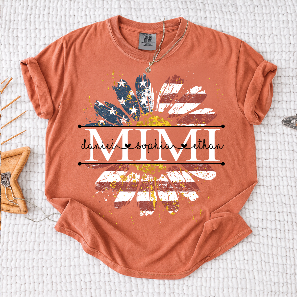 Comfort Mimi Daisy Shirt With American Flag Print, Custom Name, Floral Design, Personalized Family t-shirt