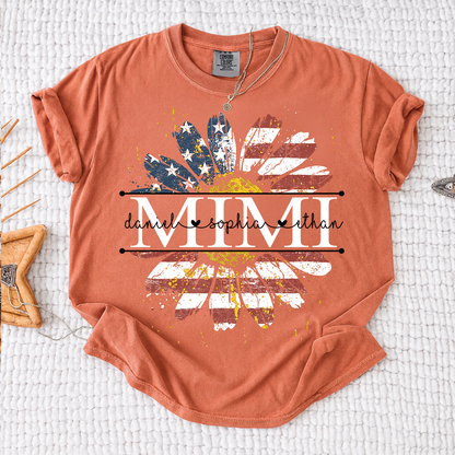 Comfort Mimi Daisy Shirt With American Flag Print, Custom Name, Floral Design, Personalized Family t-shirt