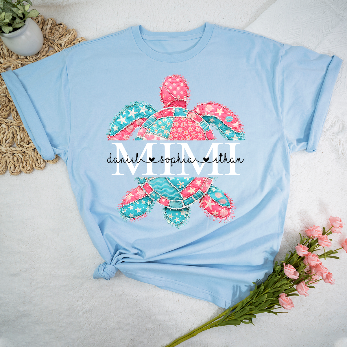 Custom Mimi T Shirt with Grandchildren Names, Colorful Patchwork Sea Turtle Graphic Tee, Beach Lover Gift for Women