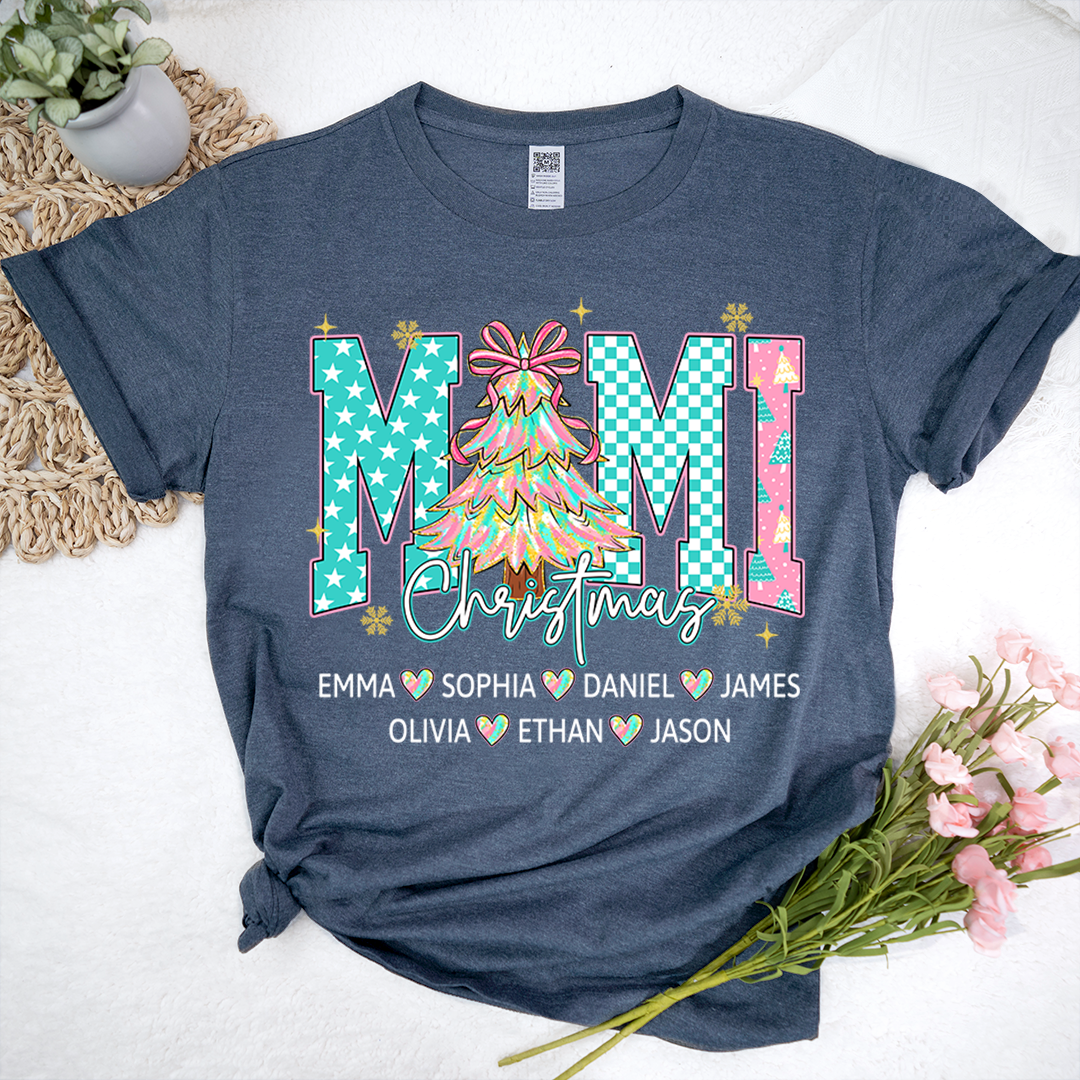 Christmas Tree Mimi T-Shirt, Custom Family Name for Grandma And Kids