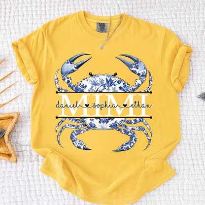 Comfort Colors® Personalized Mimi Shirt, Blue Ocean Crab Graphic Tee, Custom Grandkids Names T Shirt, Cute Coastal Family Gift