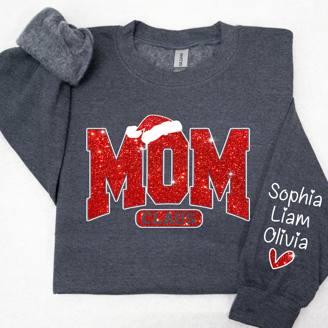 Glitter Merry Christmas Mom Sweatshirt With Kid Names On Sleeve, Mothers Day Gift LTP01