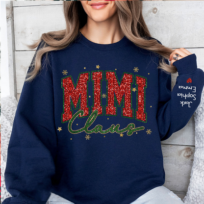 Personalized Mimi Claus Glitter Sweatshirt - Custom Christmas Sweater with Grandkids' Names - Festive Holiday Apparel for Grandmas