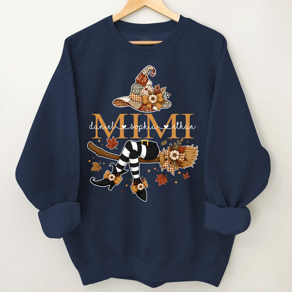 Personalized Halloween Mimi Sweatshirt, Witch Hat Pumpkin Floral Sweatshirt, Custom Kids Names Grandma Fall Outfit