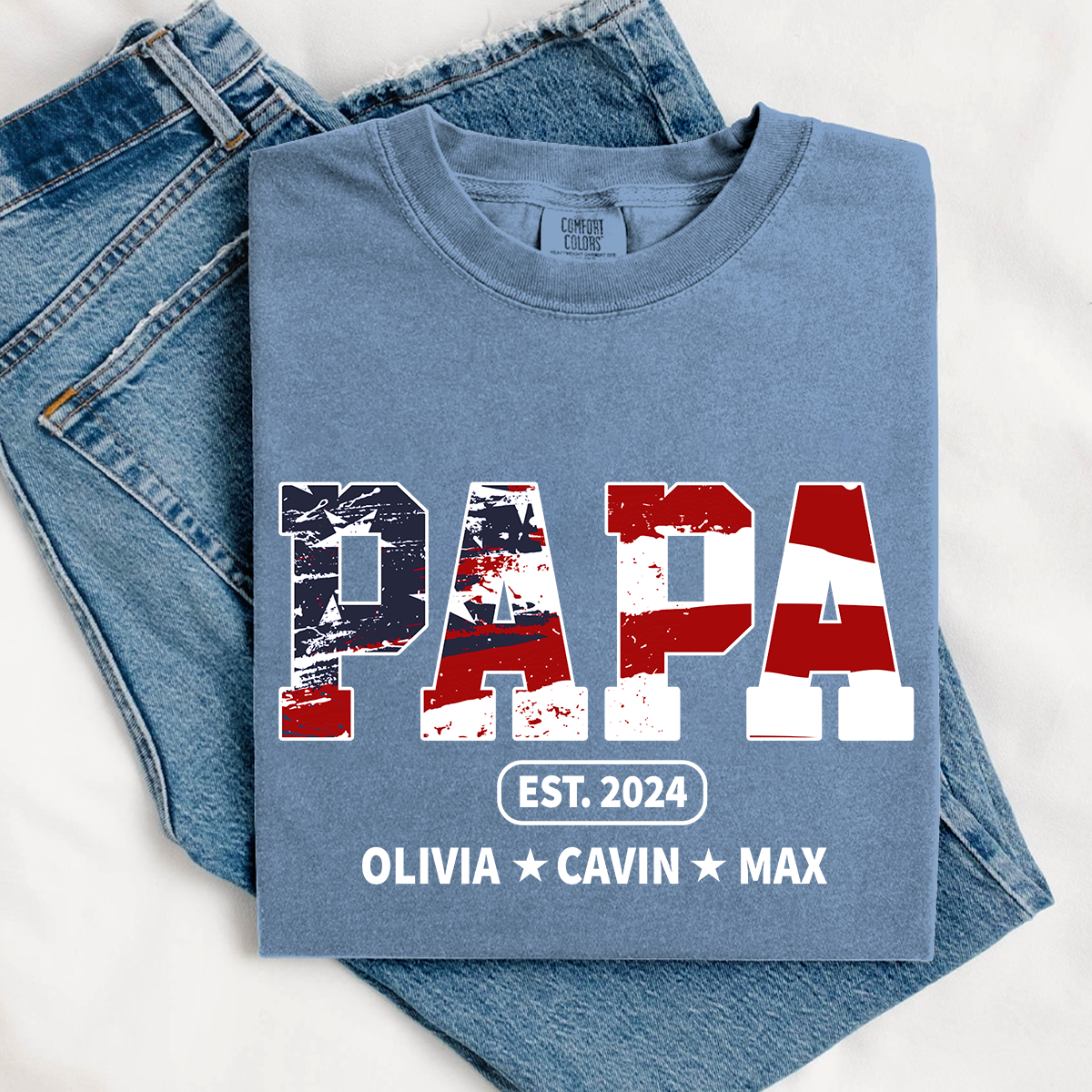 Comfort Colors® Papa Est Independence Day Shirt, Custom Nickname And Grandkids 4th Of July Shirt