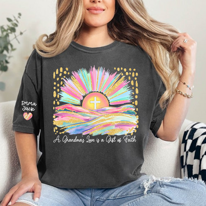 Faith Christian Grandma T-Shirt, Pastel Colorful Sunrise Cross Tee, Cute Personalized Gift for Grandma And Kids