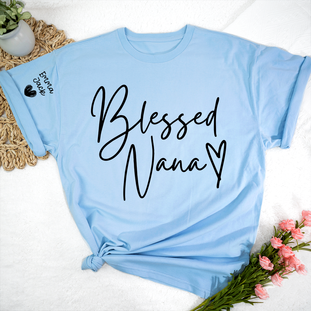 Blessed Nana Personalized T-Shirt, Custom Family Names Tee with Heart Design