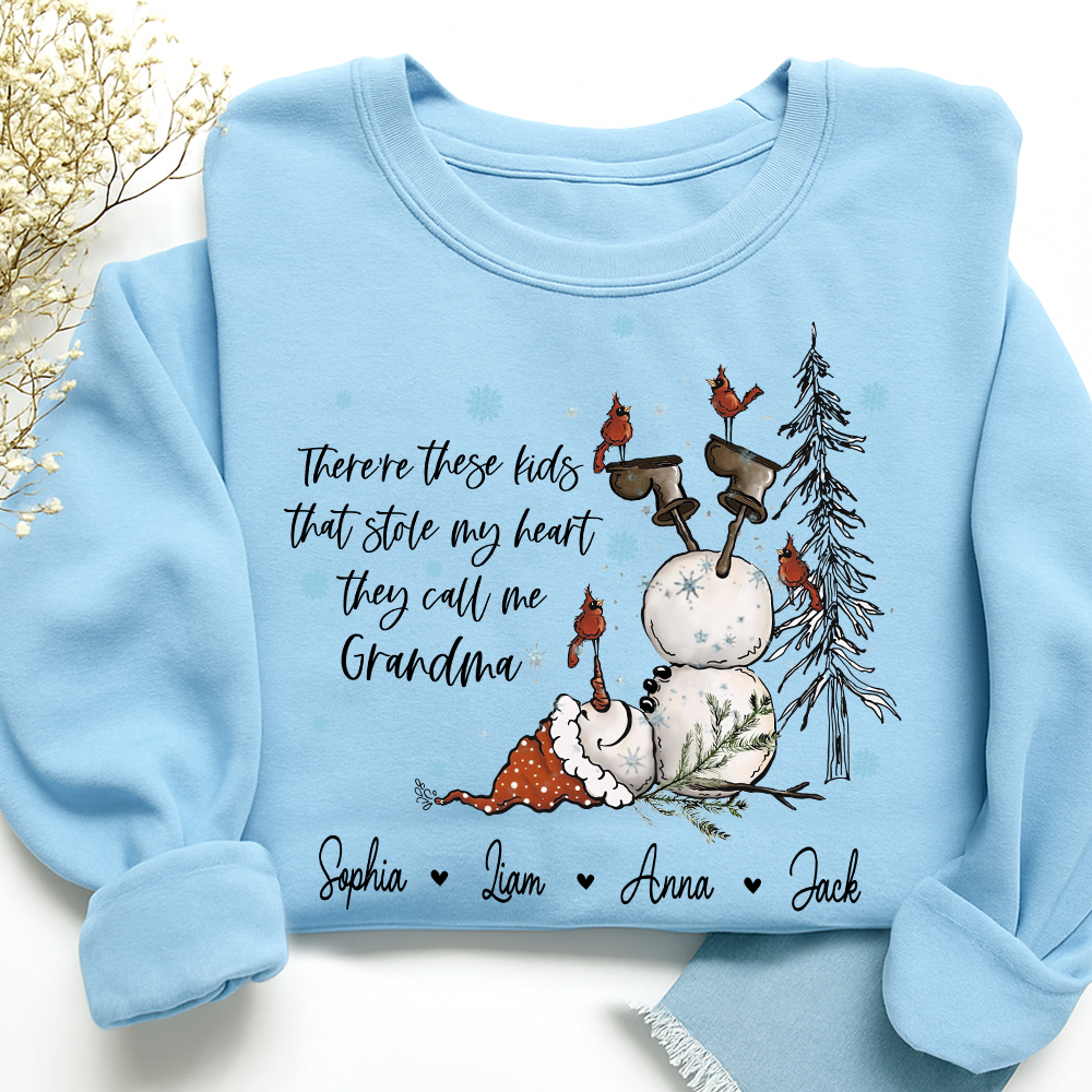 Custom Grandma Snowman Sweatshirt, There’s These Kids That Stole My Heart For Gift Grandma And Kids