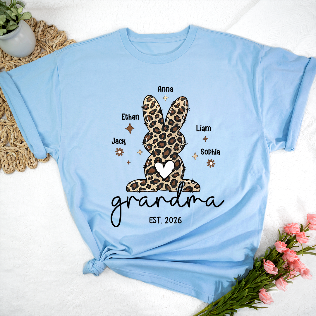 Personalized Grandma Easter Bunny Leopard Print T-shirt, Custom Grandma And Kids