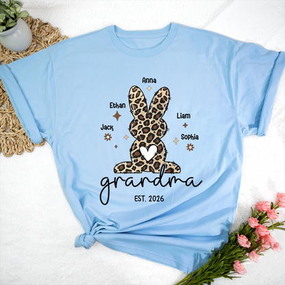Personalized Grandma Easter Bunny Leopard Print T-shirt, Custom Grandma And Kids